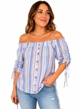 BCX Off-the-Shoulder Button Front Striped Top in Blue and Pink